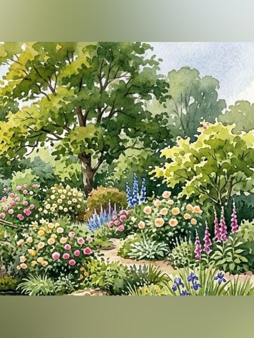 Botanical Garden Watercolour Style Paper Print in Green and Floral Hues